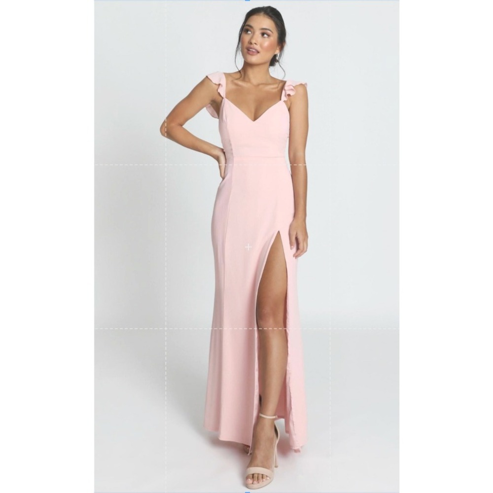 Showpo Blush Pink Maxi Dress Flutter Sleeve High Slit Tie Back Formal Gown US 6